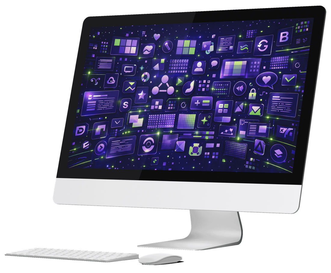 A desktop computer showing a dense grid of small tiles: letters, symbols, colour swatches, chart blocks and blocks of text, all laid out together as one set.