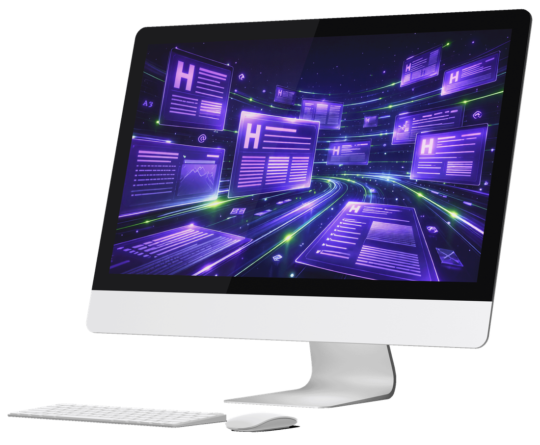 A desktop computer showing document pages floating in perspective, several of them headed with a large letter H above lines of placeholder body text.