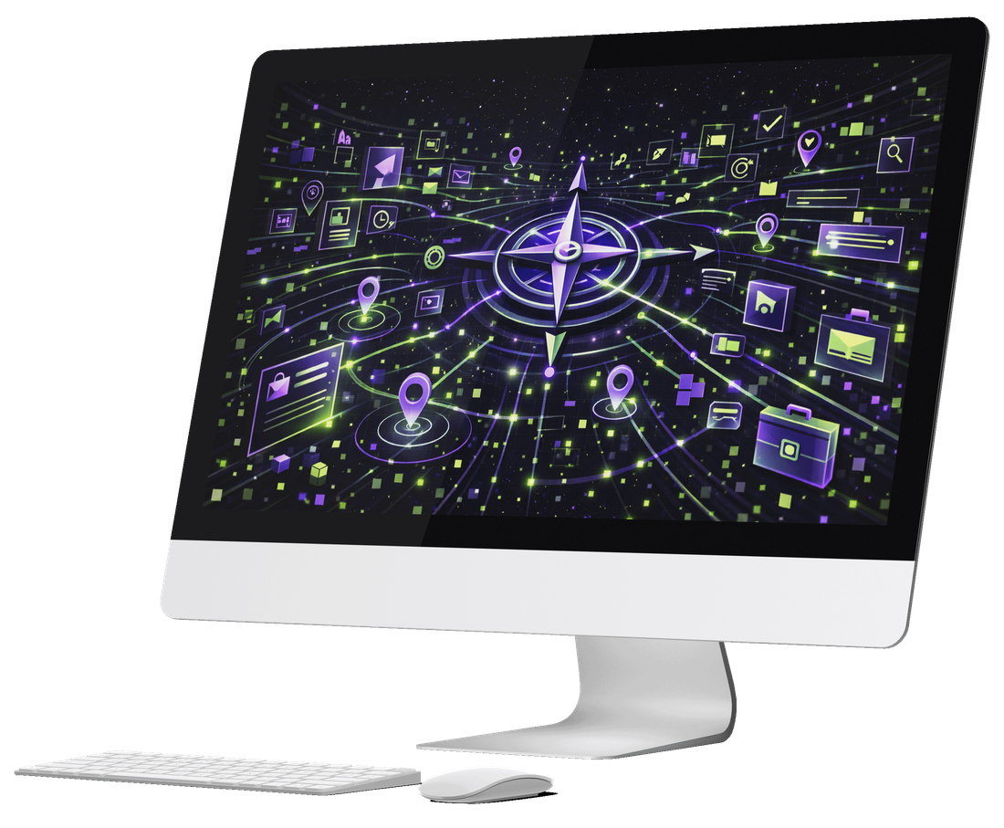 A desktop computer showing a compass at the centre of a map, with thin lines radiating out to small icon tiles and location pins scattered around it.