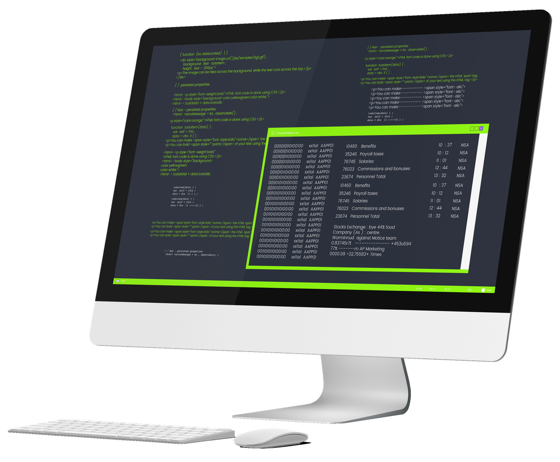 A desktop computer showing a code editor, with source code open across the screen and a second window over it.