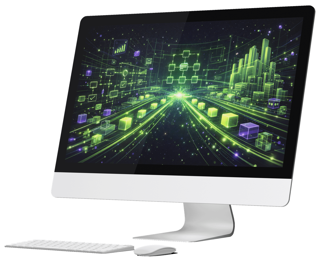 A desktop screen showing connected systems, data paths converging into a single environment.