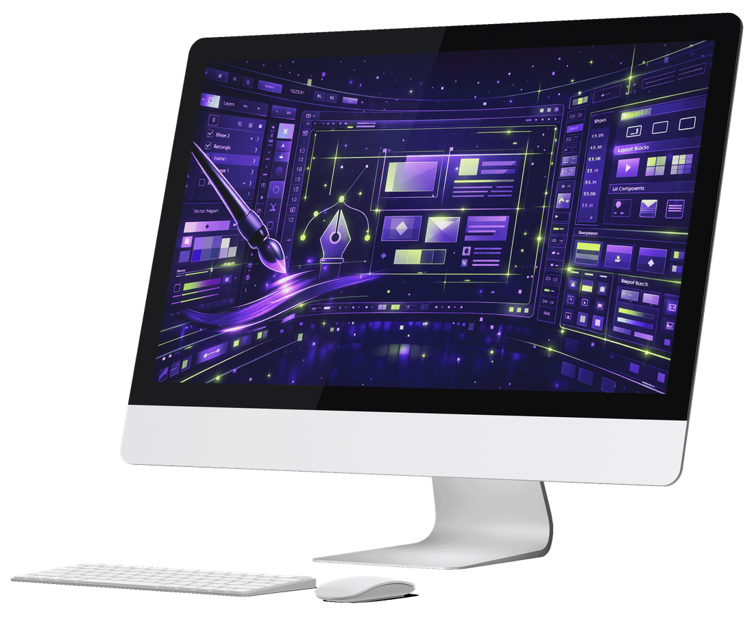A desktop computer showing a design application, with a layers panel down one side, an artboard holding a pen path and a brush stroke, and panels of shapes and layout blocks down the other.