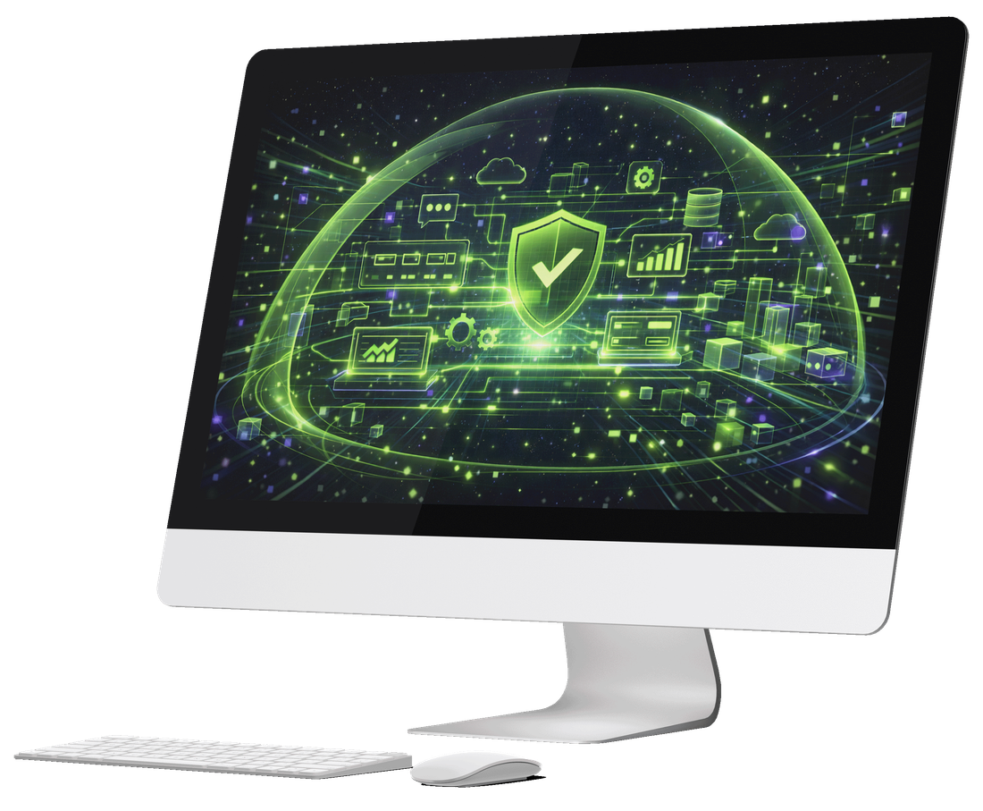 A desktop computer showing a green shield and globe surrounded by monitoring icons and charts.