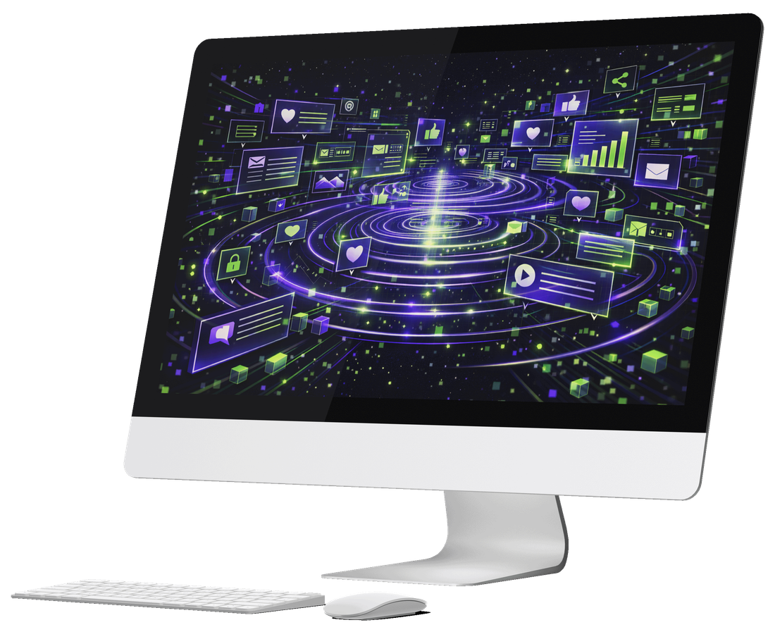 A desktop computer showing social media cards floating around a central spiral, carrying likes, hearts, share and mail icons, a bar chart and blocks of placeholder caption text.