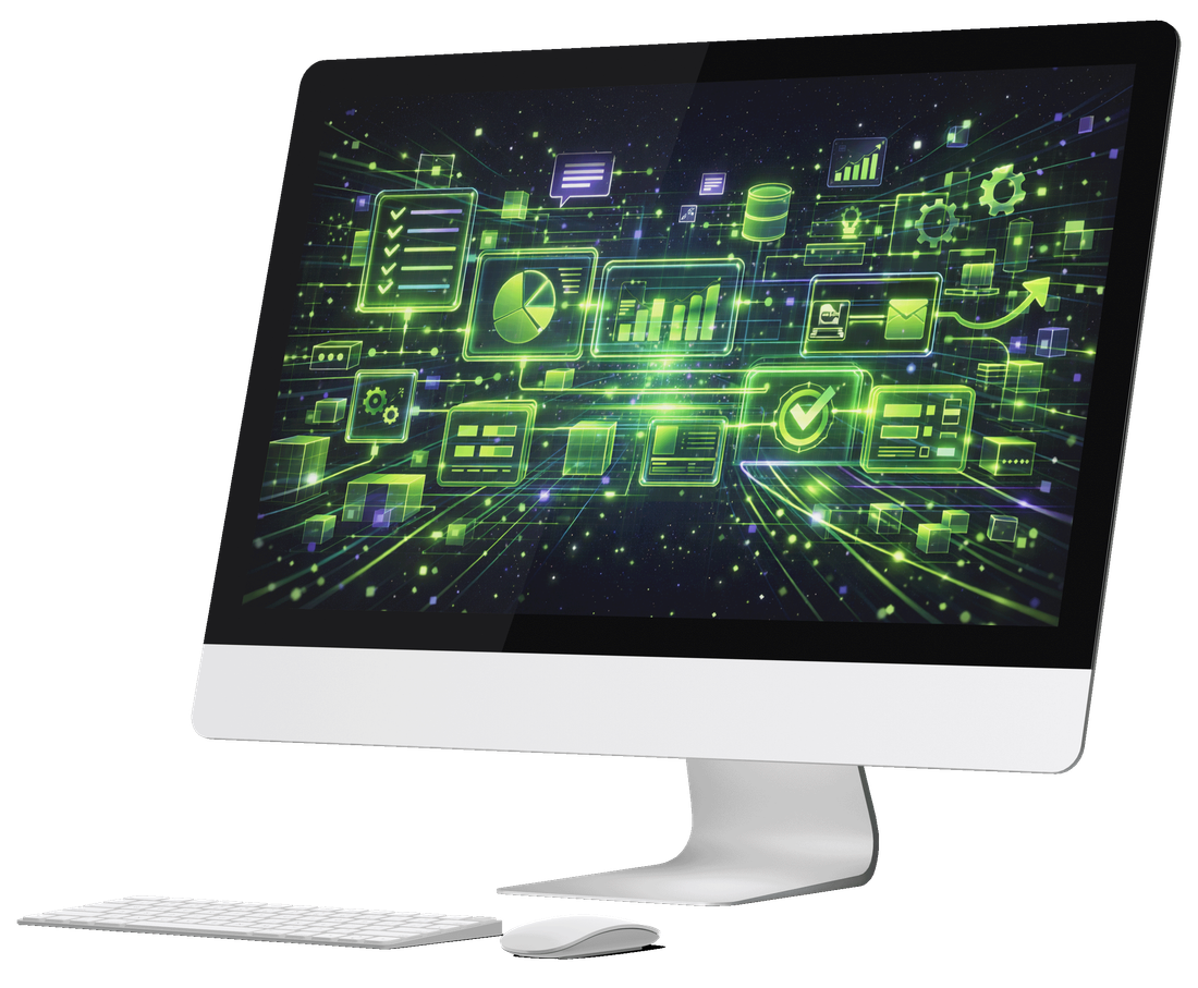 A desktop computer showing a green dashboard of checklists, charts and status icons.
