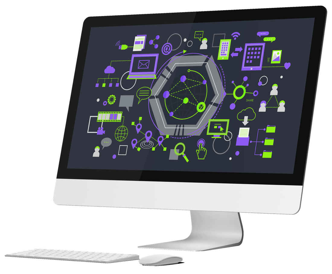 A desktop computer showing a grid of connected devices, documents and communication icons around a central network hub.