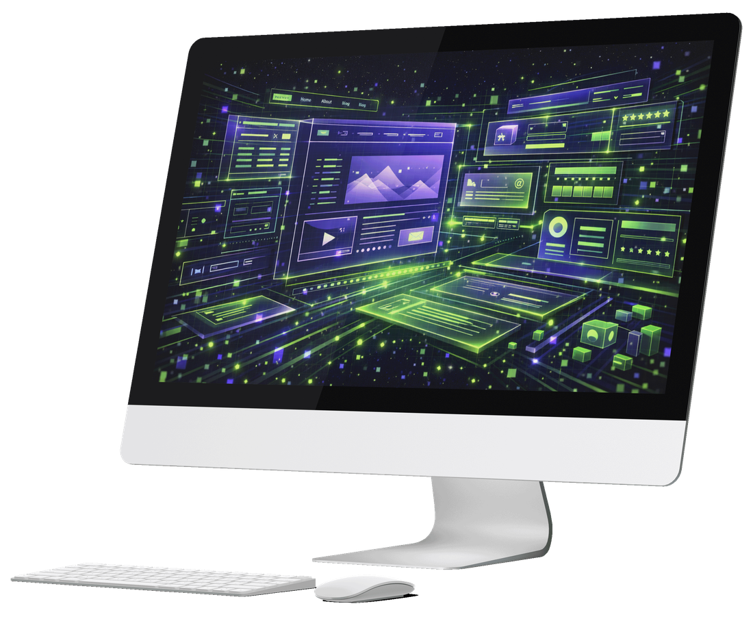 A desktop computer showing website page layouts arranged in perspective and joined by glowing lines, with a navigation bar, blocks of placeholder text, star ratings and image panels.